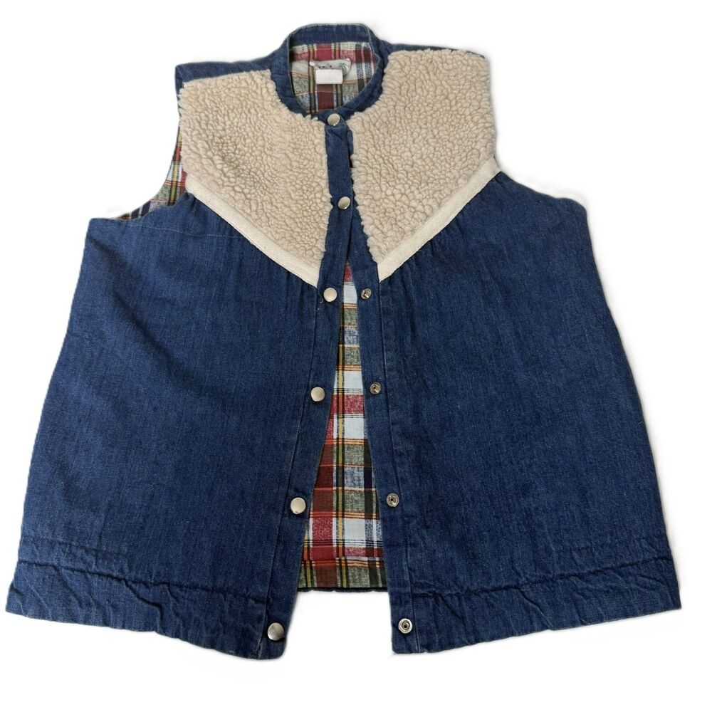 Vintage Cal Togs Sherpa Lined Denim Women' Vest Plaid Lined Snap Front USA Made